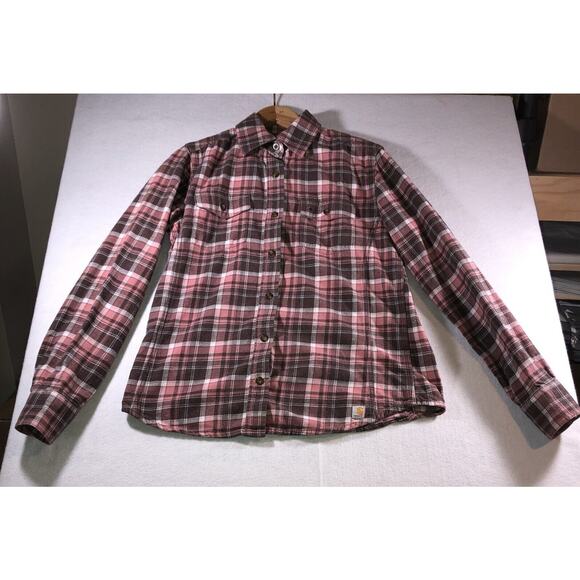Carhartt Plaid Western Flannel Button up Shirt Pockets Burgundy Unisex Sz S 4/6 - Picture 1 of 8